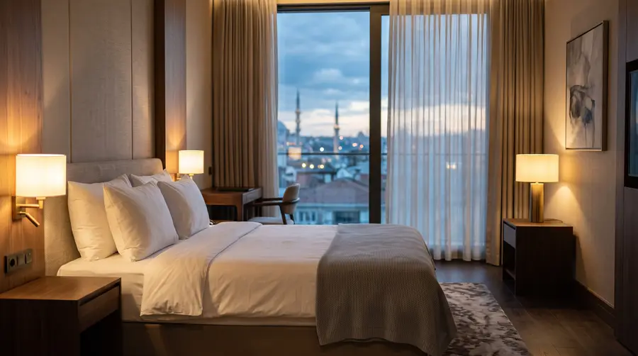 Une chambre d’hôtel paisible, lit fait en linge blanc, voilages entrouverts sur les toits de la ville au crépuscule.