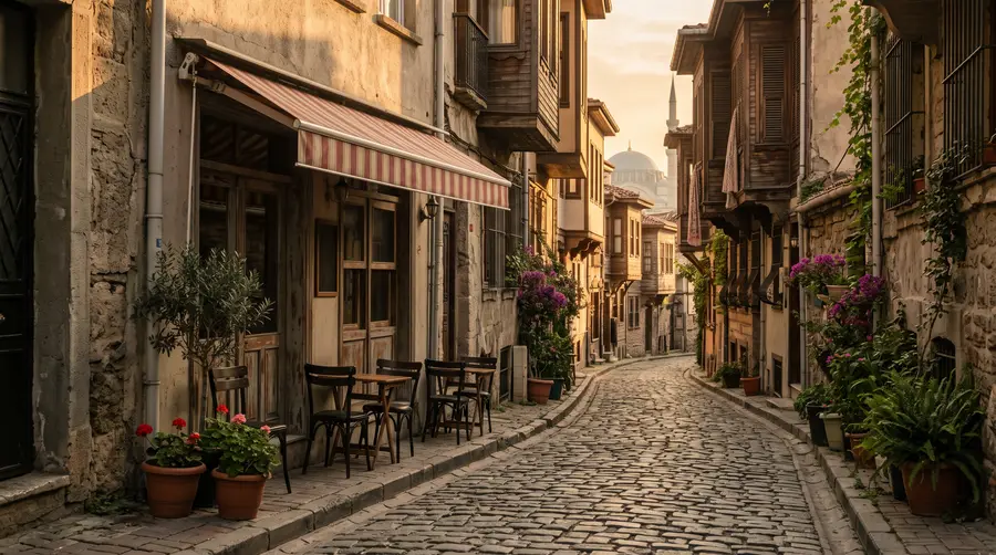 Une ruelle calme d’Istanbul à l’heure dorée : pavés usés, un petit café aux chaises vides sous un store rayé, des plantes en pot.