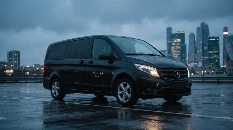 Un van Mercedes Vito noir portant l’inscription Bonita Clinic sur la porte latérale, garé sur un asphalte mouillé au crépuscule.
