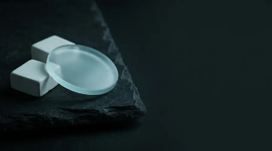 Blank ceramic blocks and a translucent glass-ceramic disc on dark slate. A generated illustration of the material, not a photograph of any manufacturer's product.
