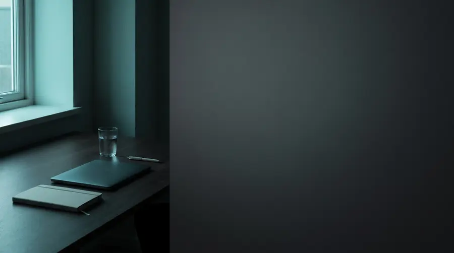 حاسوب محمول مغلق ودفتر وكوب ماء على مكتب داكن عند الغسق. رسم مولَّد، لا صورة لمكتب هذه العيادة.