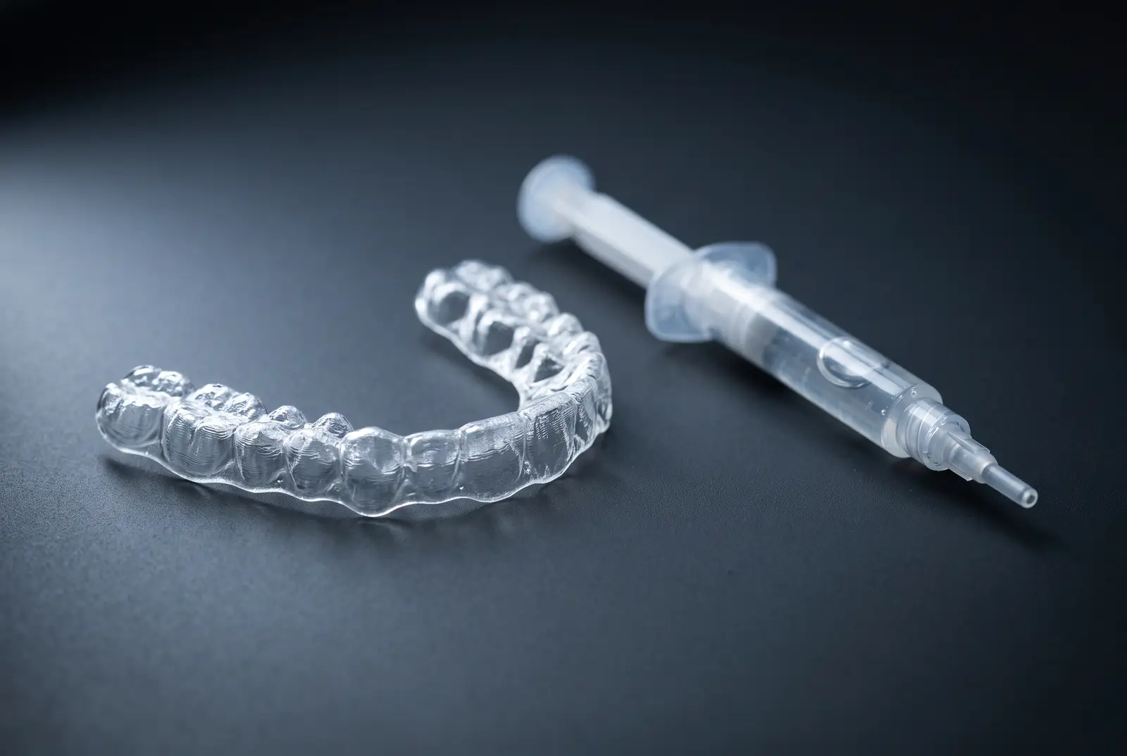 A clear custom-moulded whitening tray beside a small syringe of gel.