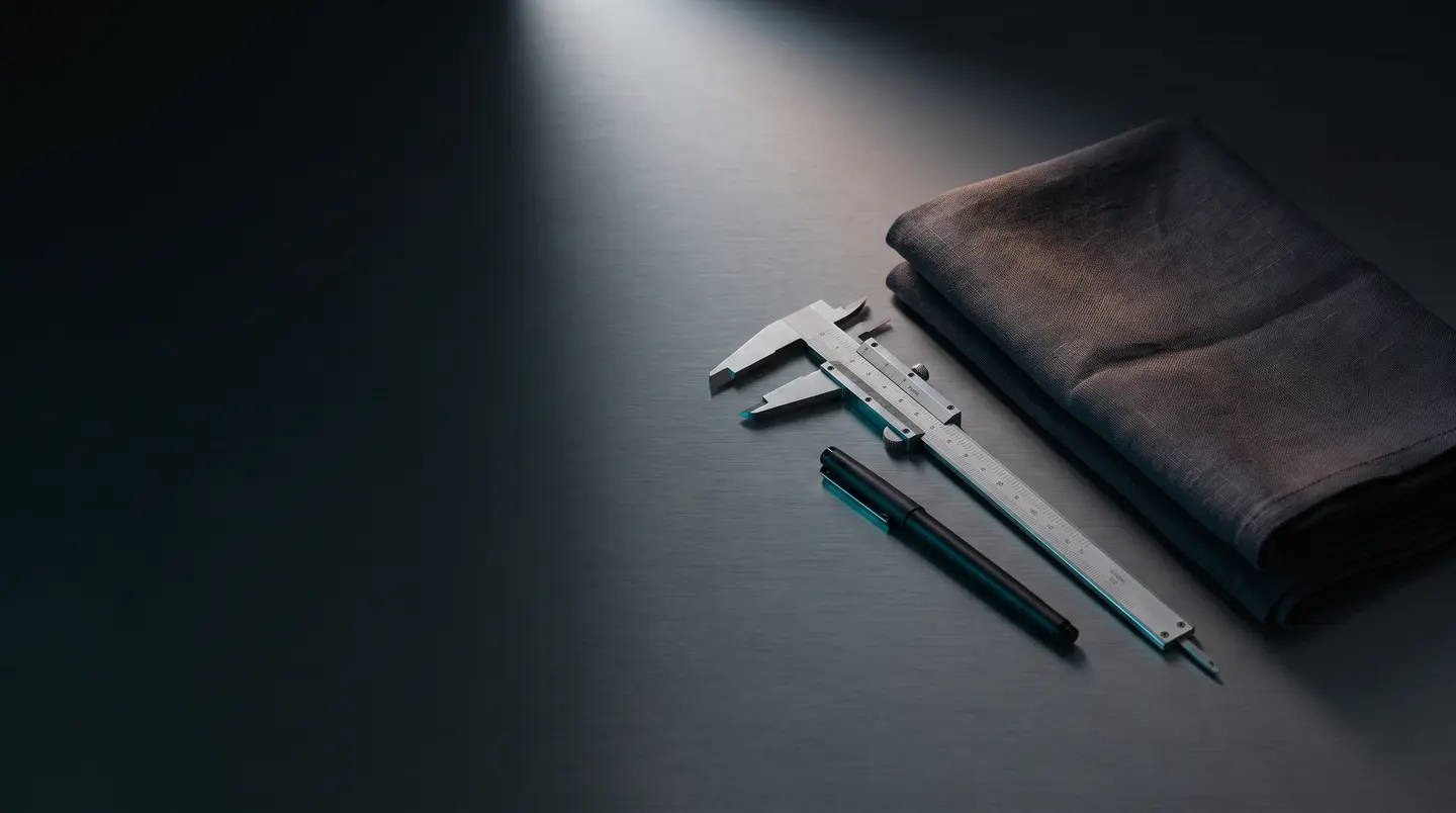 Surgical planning calipers and a marking pen beside a folded drape. A photograph of instruments, not of a procedure.