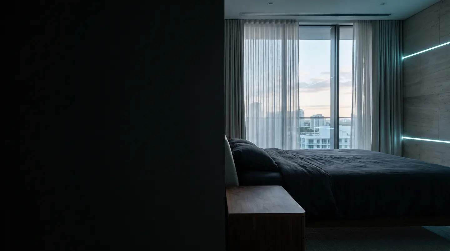 An empty private recovery room at dawn, with morning light through full-height glass. An illustration of the setting, not a photograph of this clinic.