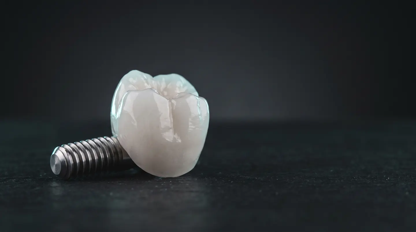 A zirconia crown resting against a titanium implant post on dark stone. A photograph of the components, not of a patient.