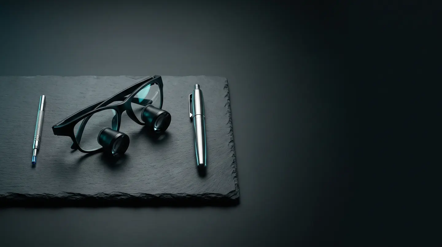 Surgical magnification loupes and a fine punch on a slate tray. A photograph of instruments, not of a procedure.