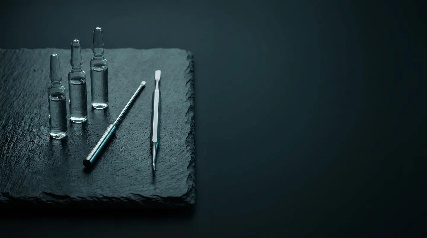 Three sealed glass ampoules and two fine instruments on a slate tray. A photograph of equipment, not of a patient.